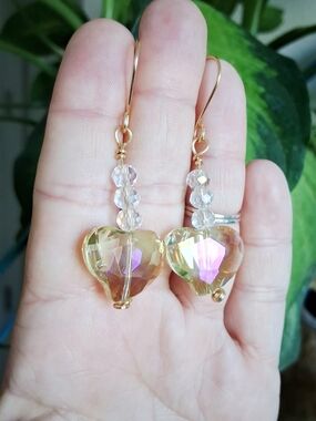 Gold Iridescent Heart Crystal Drop Earrings - Women Jewelry